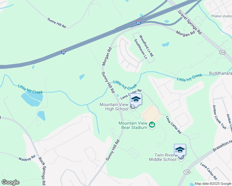 map of restaurants, bars, coffee shops, grocery stores, and more near 2389 Sunny Hill Road in Buford