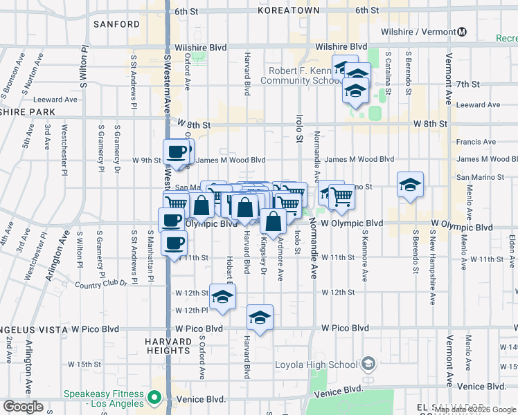 map of restaurants, bars, coffee shops, grocery stores, and more near 975 South Kingsley Drive in Los Angeles