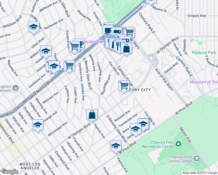 map of restaurants, bars, coffee shops, grocery stores, and more near 10382 Mississippi Avenue in Los Angeles