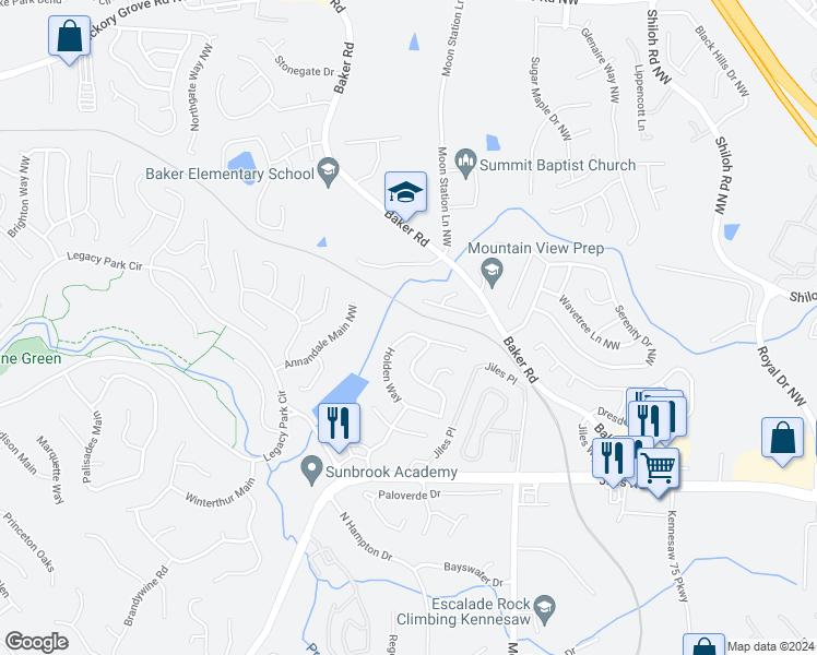 map of restaurants, bars, coffee shops, grocery stores, and more near 2329 Holden Way in Kennesaw