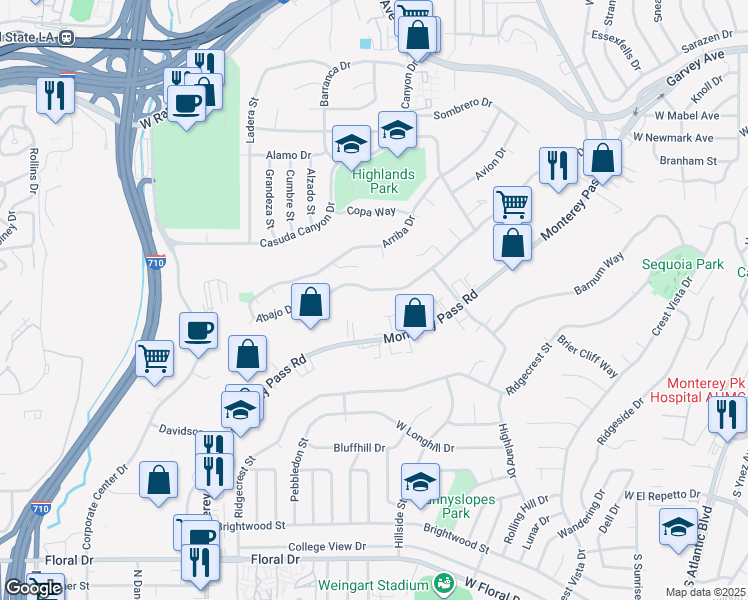 map of restaurants, bars, coffee shops, grocery stores, and more near 1860 Abajo Drive in Monterey Park