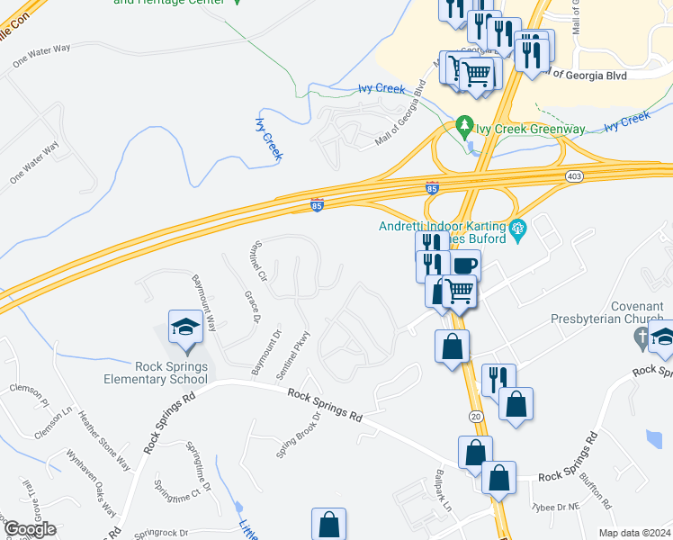 map of restaurants, bars, coffee shops, grocery stores, and more near 1074 Woodsong Pass Court in Lawrenceville