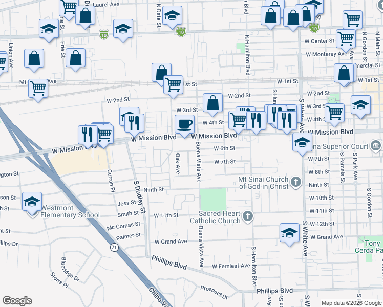 map of restaurants, bars, coffee shops, grocery stores, and more near 624 South Currier Street in Pomona