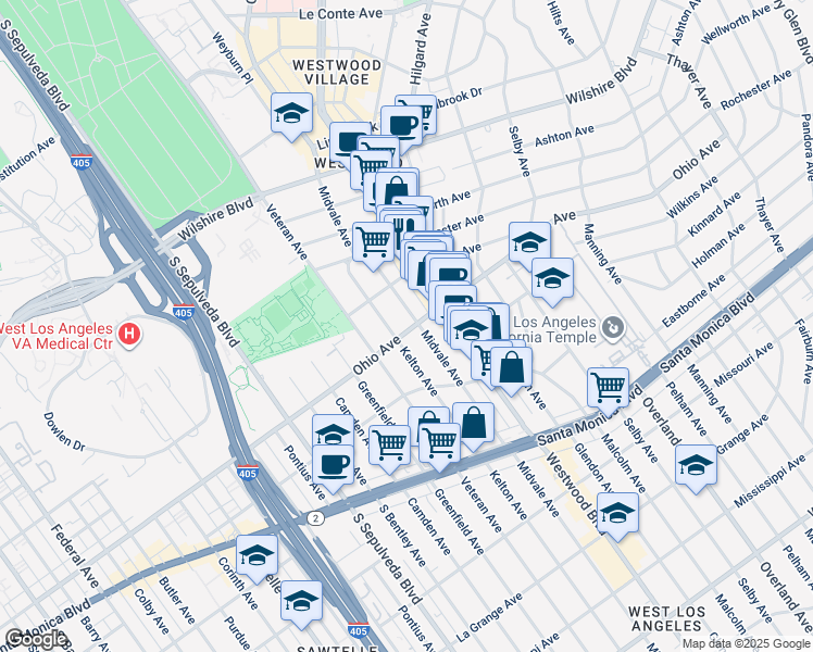 map of restaurants, bars, coffee shops, grocery stores, and more near 10905 Ohio Avenue in Los Angeles