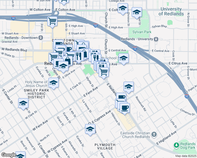 map of restaurants, bars, coffee shops, grocery stores, and more near 325 La Paloma Street in Redlands