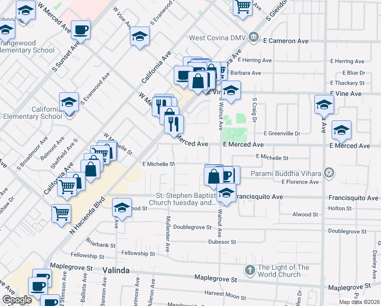 map of restaurants, bars, coffee shops, grocery stores, and more near 1220 Wescove Place in West Covina