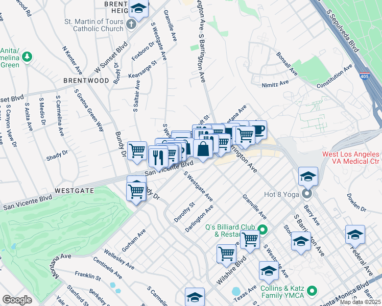 map of restaurants, bars, coffee shops, grocery stores, and more near 11911 Montana Avenue in Los Angeles