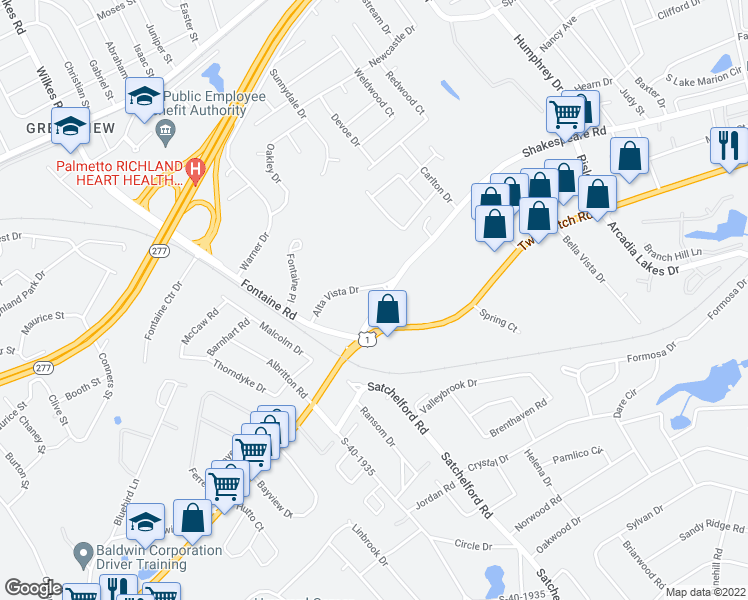map of restaurants, bars, coffee shops, grocery stores, and more near 5543 Shakespeare Road in Columbia