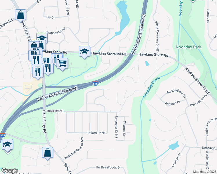 map of restaurants, bars, coffee shops, grocery stores, and more near 4179 Oak Ferry Drive Northeast in Kennesaw