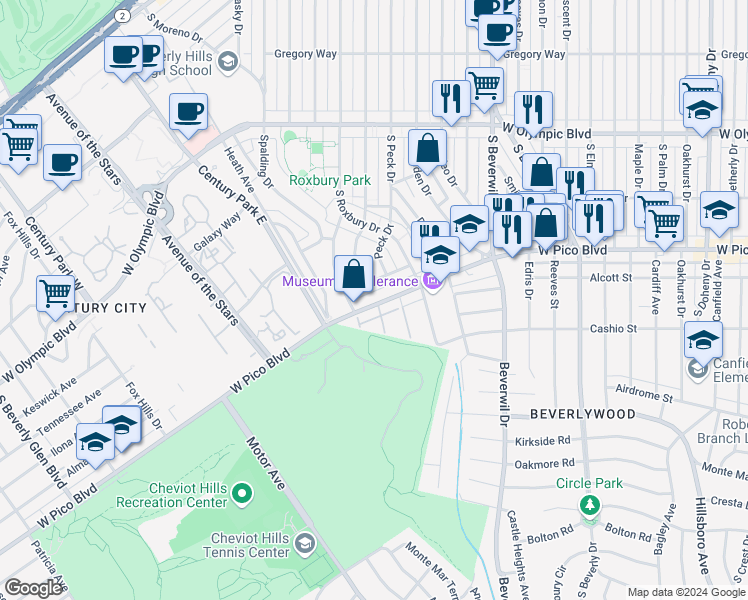 map of restaurants, bars, coffee shops, grocery stores, and more near 9911 West Pico Boulevard in Los Angeles