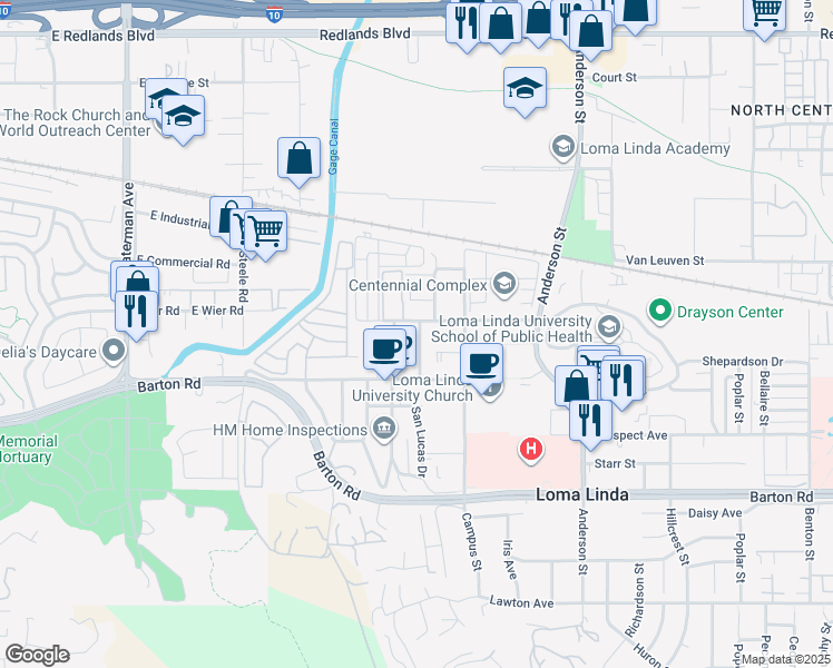map of restaurants, bars, coffee shops, grocery stores, and more near 11024 Evans Street in Loma Linda