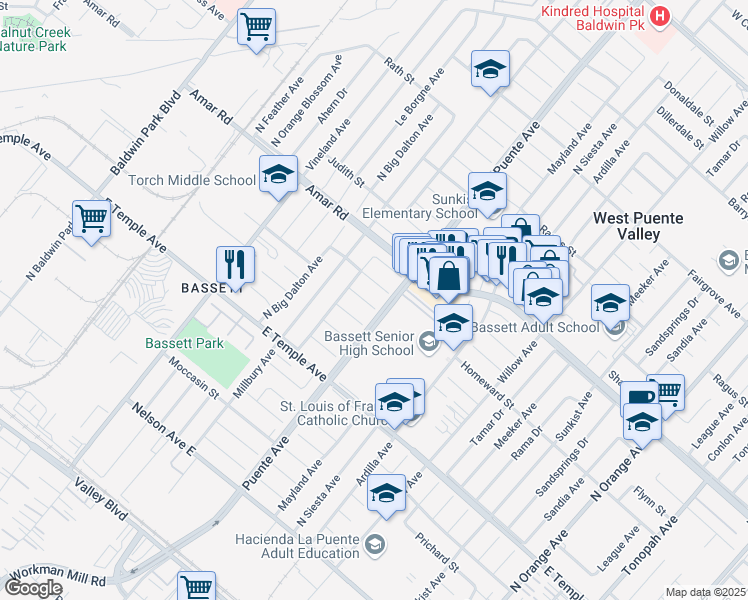 map of restaurants, bars, coffee shops, grocery stores, and more near 13633 Giordano Street in La Puente