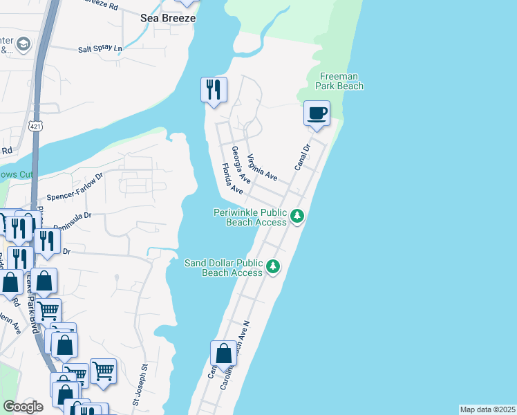 map of restaurants, bars, coffee shops, grocery stores, and more near 111 Florida Avenue in Carolina Beach