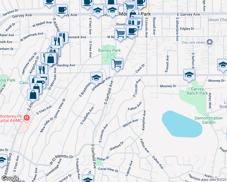 map of restaurants, bars, coffee shops, grocery stores, and more near 660 South Garfield Avenue in Monterey Park