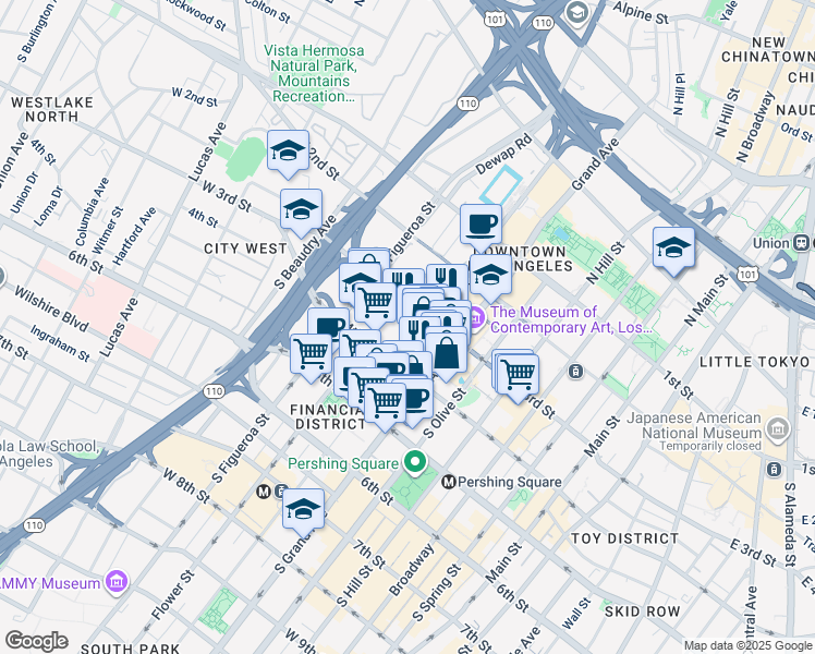 map of restaurants, bars, coffee shops, grocery stores, and more near 333 South Hope Street in Los Angeles