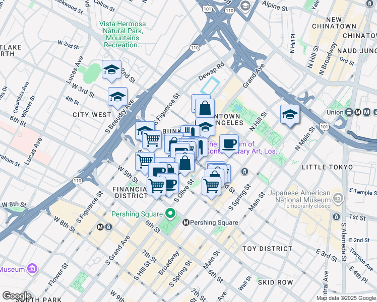 map of restaurants, bars, coffee shops, grocery stores, and more near 255 South Grand Avenue in Los Angeles