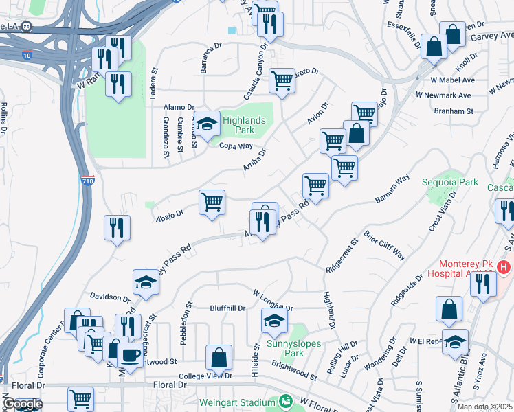 map of restaurants, bars, coffee shops, grocery stores, and more near 745 Monterey Pass Road in Monterey Park