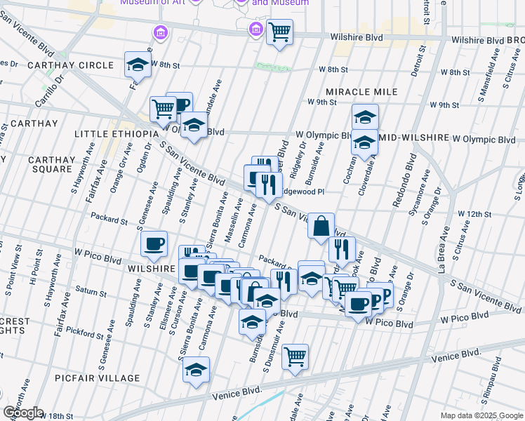 map of restaurants, bars, coffee shops, grocery stores, and more near 1229 South Ridgeley Drive in Los Angeles