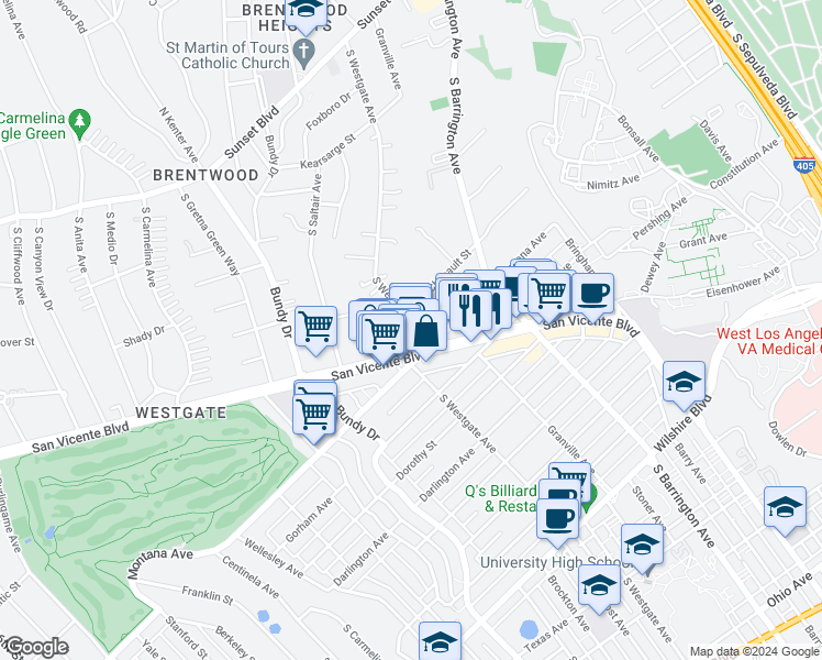 map of restaurants, bars, coffee shops, grocery stores, and more near 719 South Westgate Avenue in Los Angeles