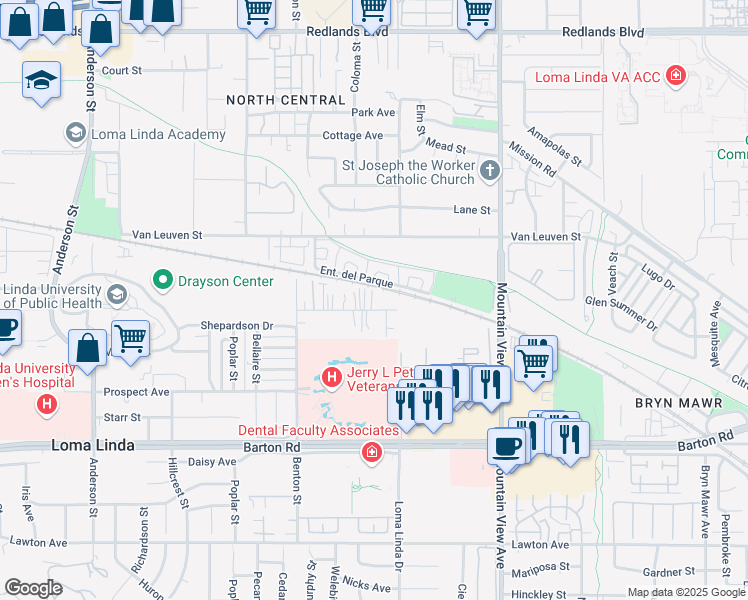 map of restaurants, bars, coffee shops, grocery stores, and more near 25461 Cole Street in Loma Linda