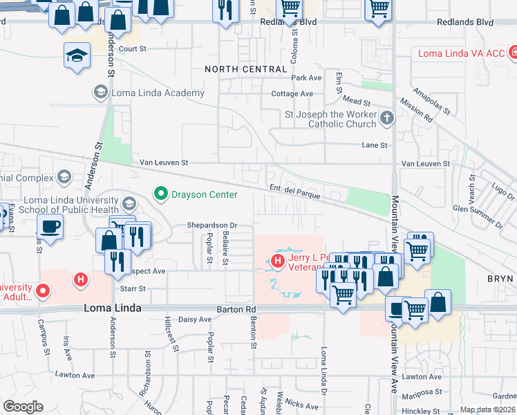 map of restaurants, bars, coffee shops, grocery stores, and more near 25322 Cole Street in Loma Linda