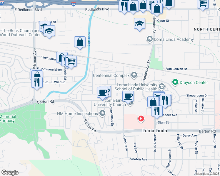 map of restaurants, bars, coffee shops, grocery stores, and more near 11053 Evans Street in Loma Linda