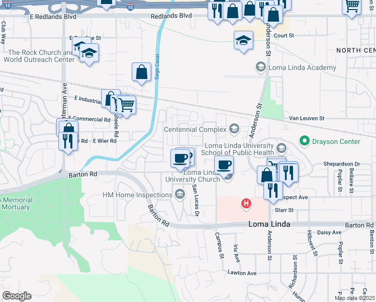 map of restaurants, bars, coffee shops, grocery stores, and more near 11052 San Juan Street in Loma Linda