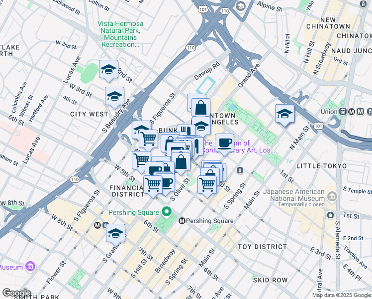 map of restaurants, bars, coffee shops, grocery stores, and more near 251 South Olive Street in Los Angeles