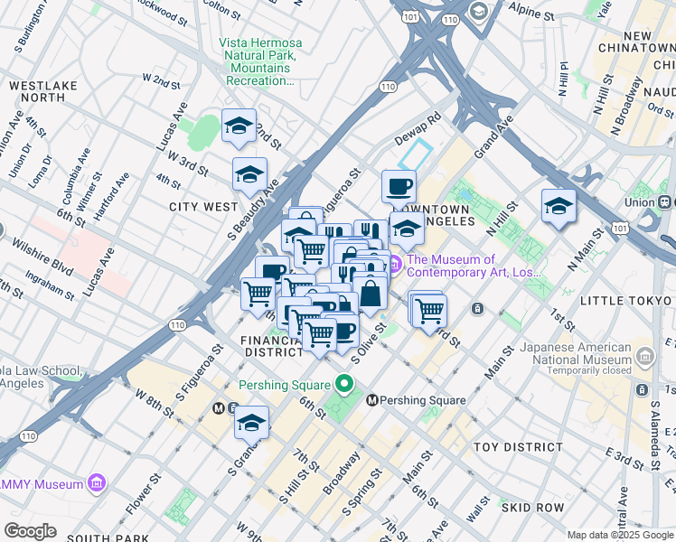 map of restaurants, bars, coffee shops, grocery stores, and more near 355 South Grand Avenue in Los Angeles
