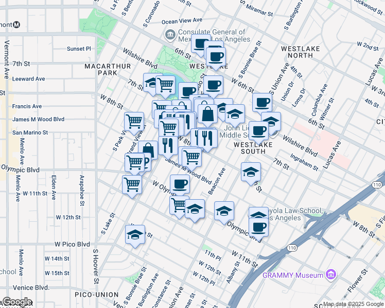 map of restaurants, bars, coffee shops, grocery stores, and more near 829 South Bonnie Brae Street in Los Angeles