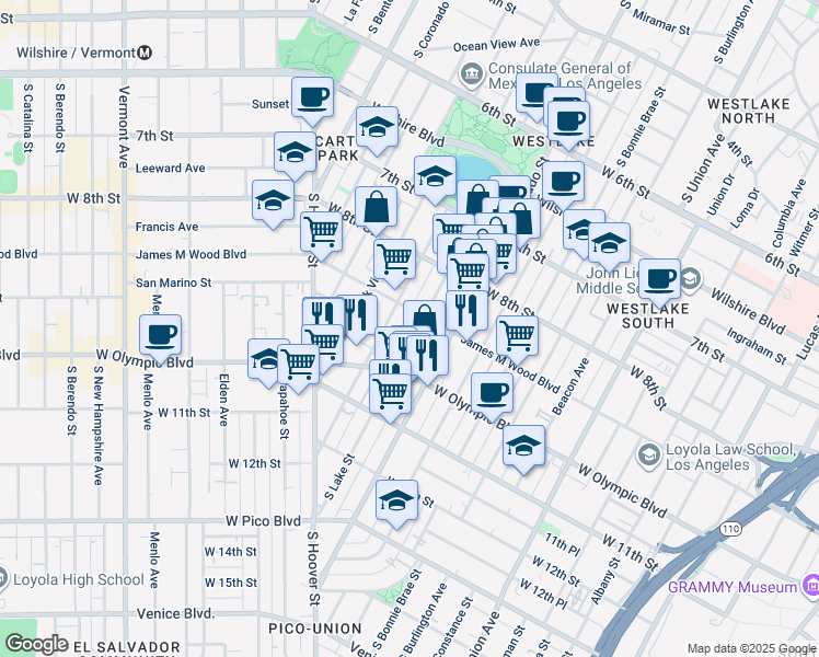 map of restaurants, bars, coffee shops, grocery stores, and more near 933 South Lake Street in Los Angeles