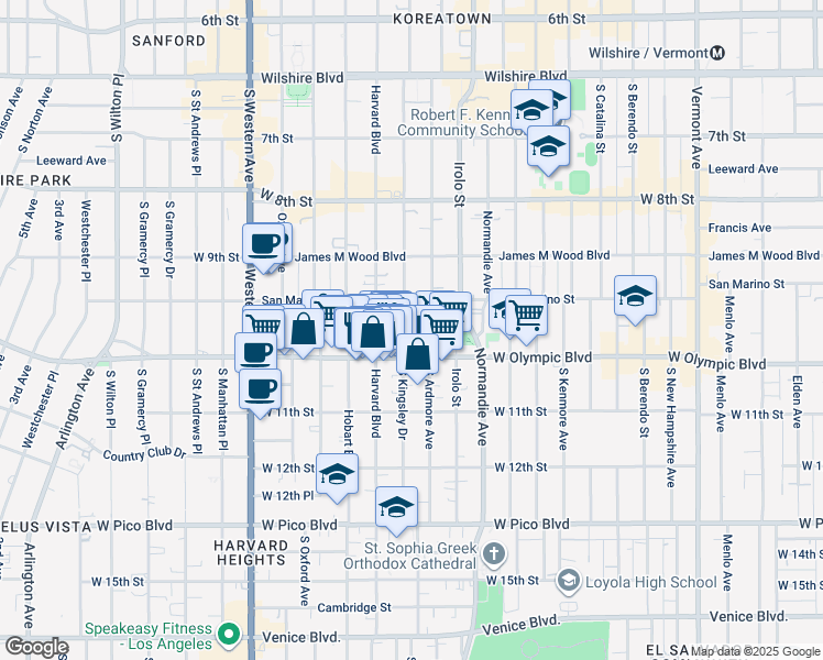 map of restaurants, bars, coffee shops, grocery stores, and more near 3109 West Olympic Boulevard in Los Angeles