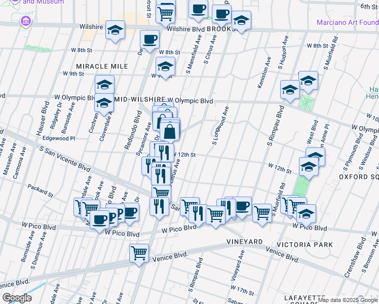 map of restaurants, bars, coffee shops, grocery stores, and more near 4918 West 12th Street in Los Angeles