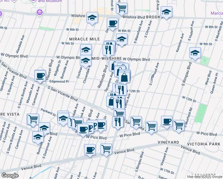 map of restaurants, bars, coffee shops, grocery stores, and more near 1213 South Orange Drive in Los Angeles