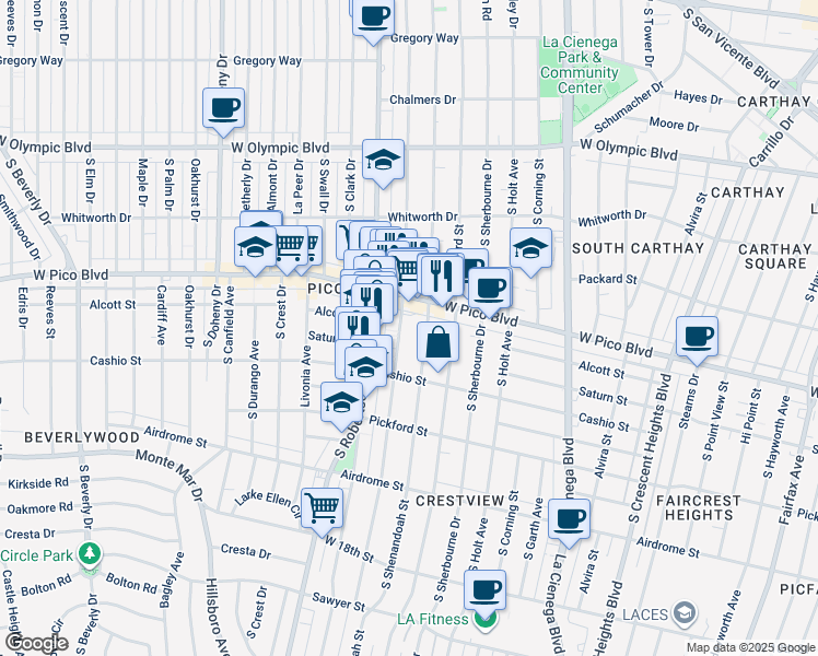 map of restaurants, bars, coffee shops, grocery stores, and more near 1455 South Wooster Street in Los Angeles