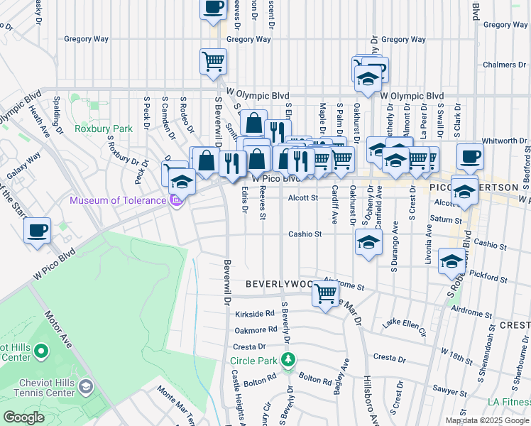 map of restaurants, bars, coffee shops, grocery stores, and more near 1473 Reeves Street in Los Angeles