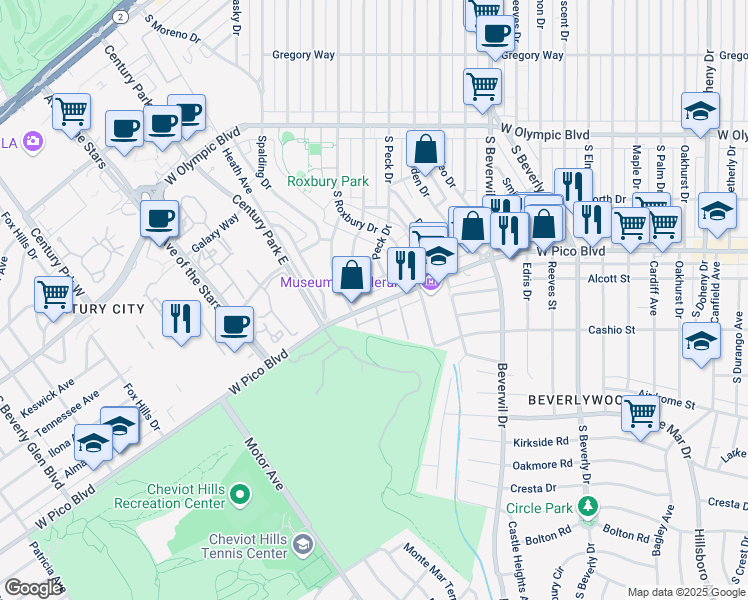 map of restaurants, bars, coffee shops, grocery stores, and more near 1401 West Pico Boulevard in Los Angeles