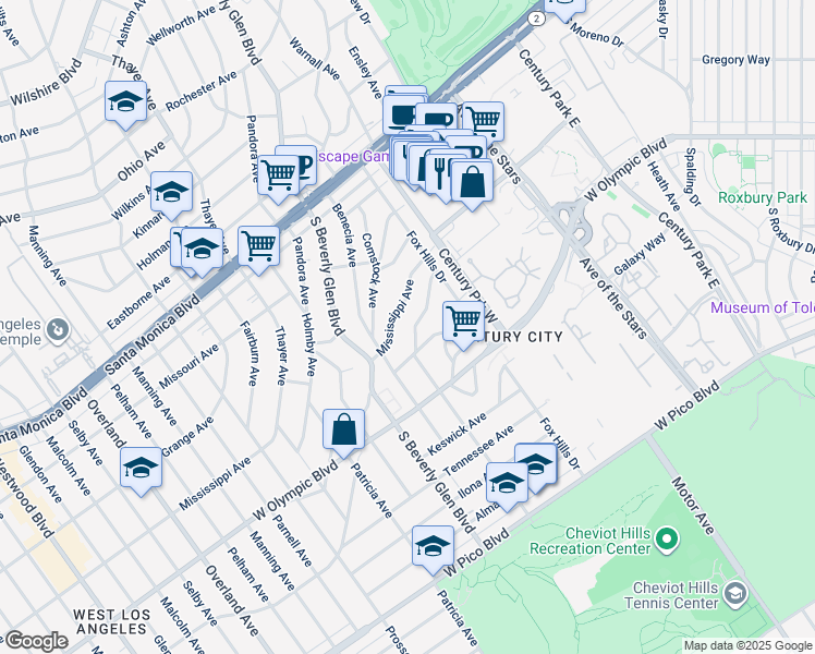map of restaurants, bars, coffee shops, grocery stores, and more near 10382 Mississippi Avenue in Los Angeles