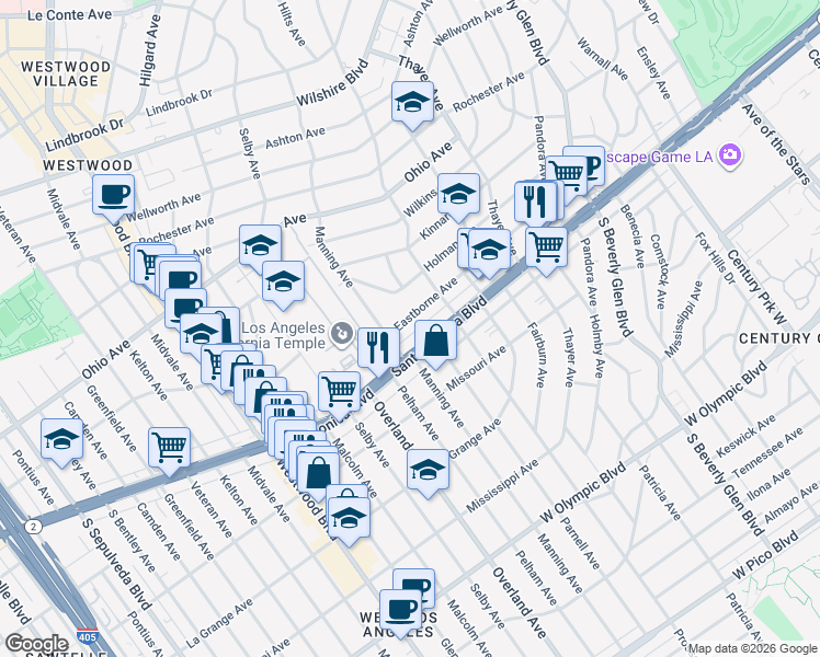 map of restaurants, bars, coffee shops, grocery stores, and more near 10683 Santa Monica Boulevard in Los Angeles
