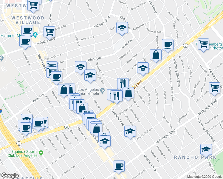 map of restaurants, bars, coffee shops, grocery stores, and more near Holman Avenue in Los Angeles