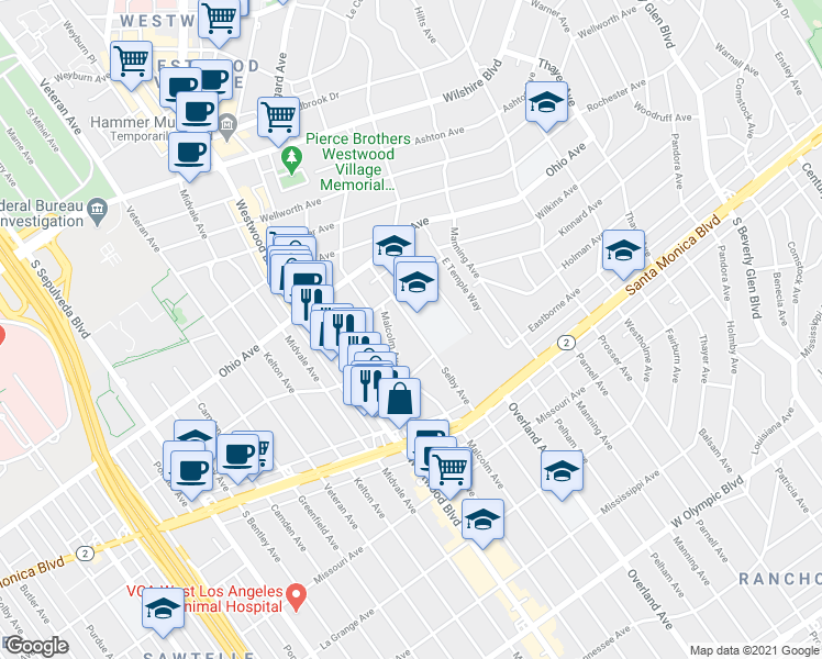 map of restaurants, bars, coffee shops, grocery stores, and more near 1646 Malcolm Avenue in Los Angeles