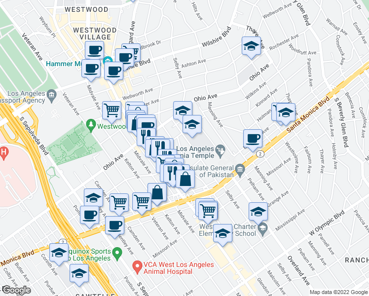 map of restaurants, bars, coffee shops, grocery stores, and more near 1646 Malcolm Avenue in Los Angeles