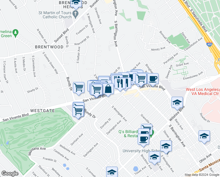 map of restaurants, bars, coffee shops, grocery stores, and more near 11911 Montana Avenue in Los Angeles