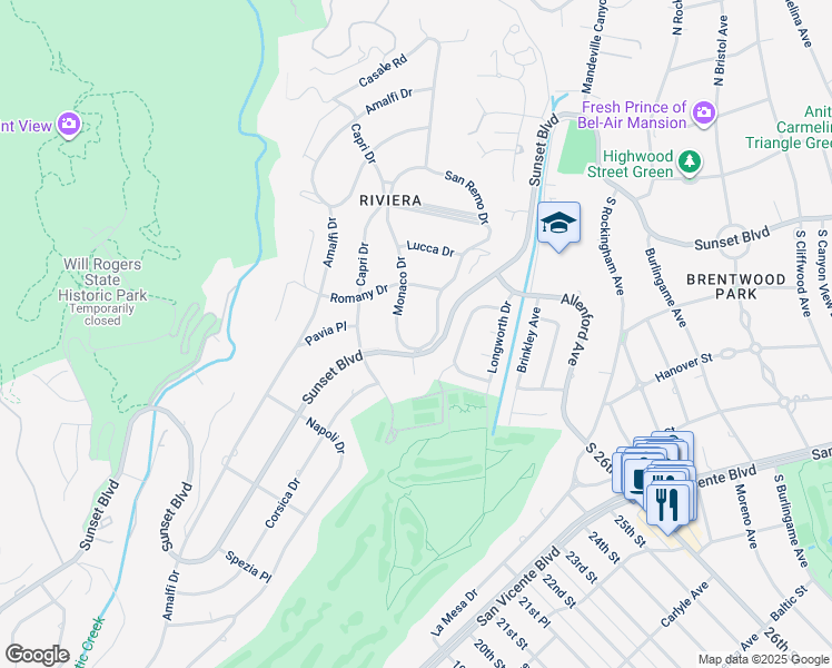 map of restaurants, bars, coffee shops, grocery stores, and more near 1300 Monaco Drive in Los Angeles