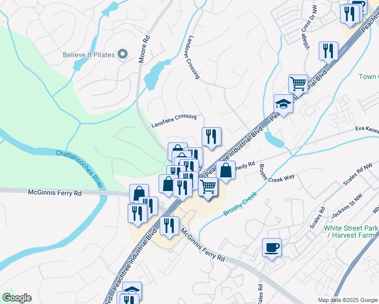 map of restaurants, bars, coffee shops, grocery stores, and more near 4140 Lansfaire Terrace in Suwanee