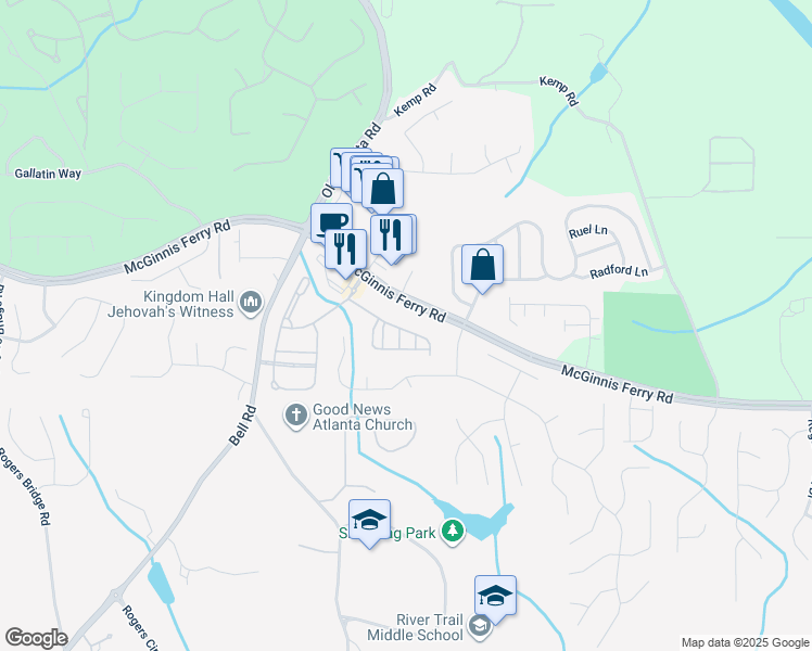 map of restaurants, bars, coffee shops, grocery stores, and more near 308 Marlowe Alley in Johns Creek