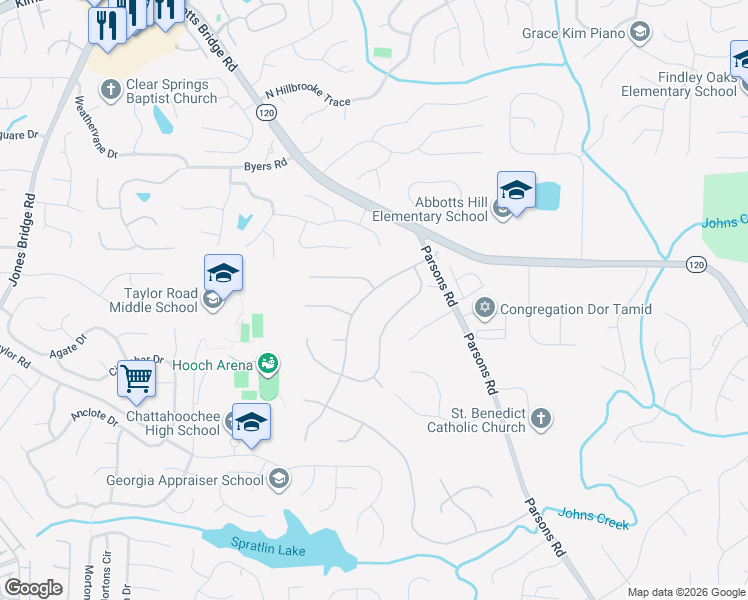 map of restaurants, bars, coffee shops, grocery stores, and more near 11170 Linbrook Lane in Duluth