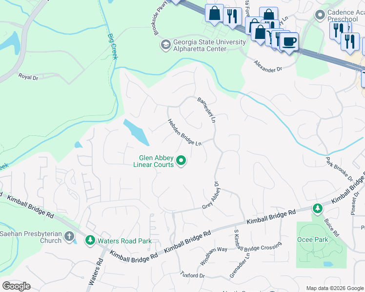 map of restaurants, bars, coffee shops, grocery stores, and more near 530 Ebley Place in Alpharetta