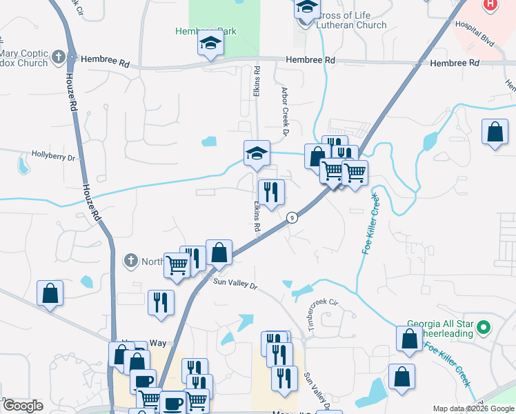 map of restaurants, bars, coffee shops, grocery stores, and more near 11189-11237 Elkins Road in Roswell