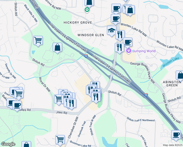 map of restaurants, bars, coffee shops, grocery stores, and more near 405 Walton Green Way Northwest in Kennesaw